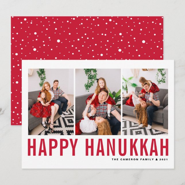 Red Typography Photo Collage Happy Hanukkah Holiday Card (Front/Back)