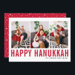 Red Typography Photo Collage Happy Hanukkah Holiday Card<br><div class="desc">Happy Hanukkah! Customizable Happy Hanukkah photo collage flat card featuring red simple typography and snow pattern. Personalize by adding three photos,  names,  year and other details. This modern Hanukkah flat card is available in other colors and cardstock.</div>