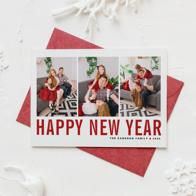Red Typography Photo Collage Happy New Year Holiday Card (Send new year cheer with this customizable red three-photo-collage Happy New Year Card. )