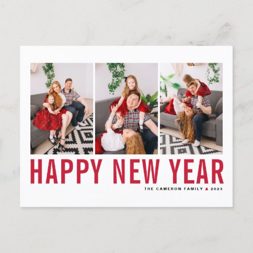 Red Typography Photo Collage Happy New Year Holiday Postcard