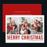 Red Typography Photo Collage Merry Christmas Holiday Card<br><div class="desc">Merry Christmas! Customizable Christmas photo collage flat card featuring red simple typography and snow pattern. Personalize by adding three photos,  names,  year and other details. This modern Christmas flat card is available in other colors and cardstock.</div>