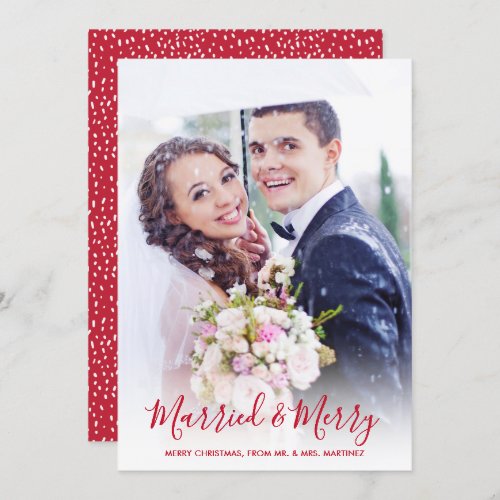 Red Typography Photo Married and Merry Christmas Holiday Card
