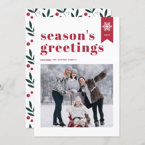 Red Typography Snowflake Seasons Greetings Photo Holiday Card