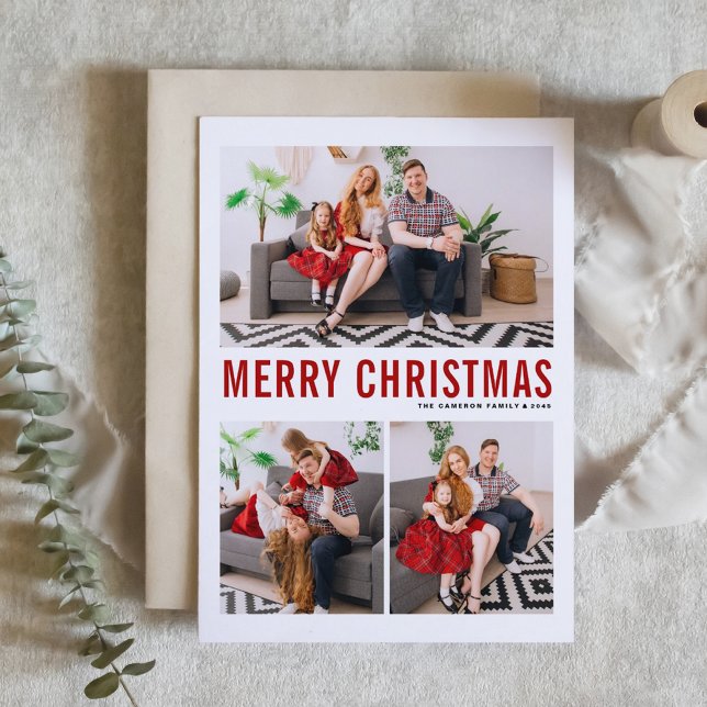 Red Typography Three Photo Merry Christmas Card (Modern Red Typography Three Photo Collage Merry Christmas Card)