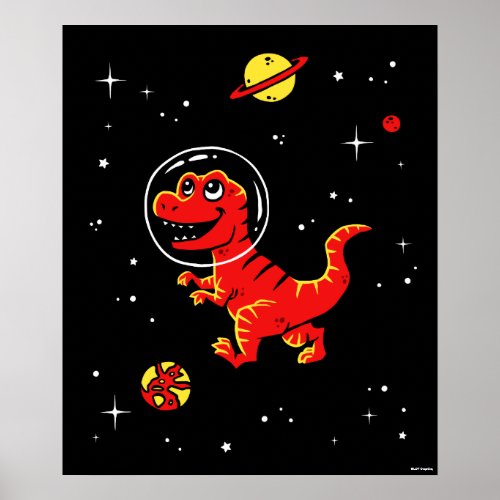 Red Tyrannosaurus Rex Dinos In Space Poster