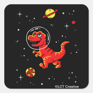 Red Tyrannosaurus Rex Dinos In Space Square Sticker