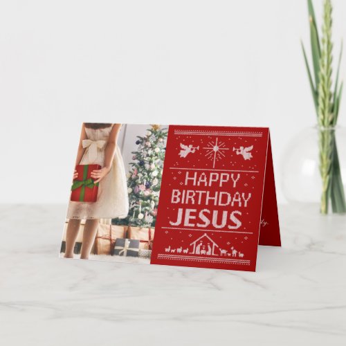 Red Ugly Christmas Sweater Happy Birthday Jesus Holiday Card