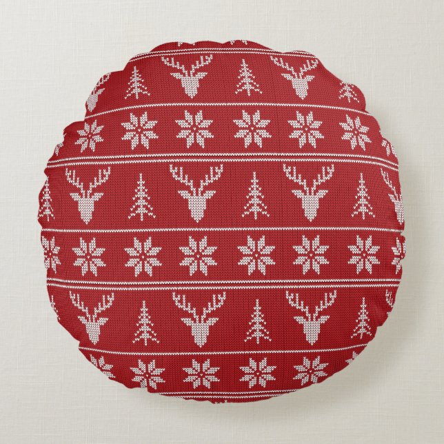Red ugly Christmas sweater pattern  Round Pillow (Front)
