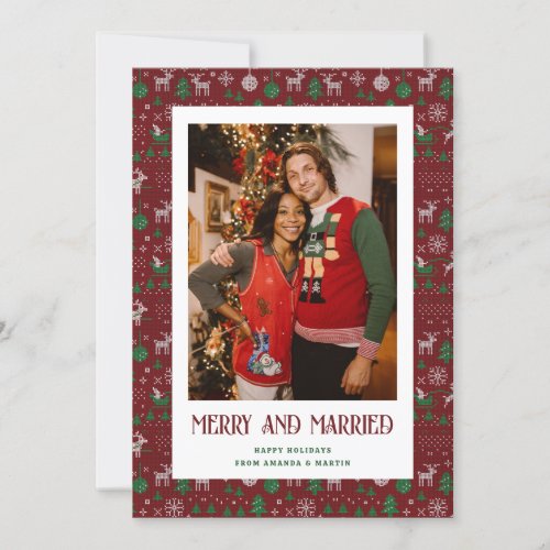 Red Ugly Sweater Married and Merry Photo Holiday Card