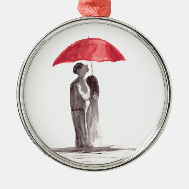 Red umbrella couple metal ornament (Front)