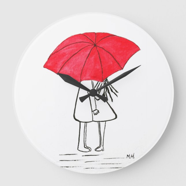 Red umbrella couple rustic wedding large clock (Front)