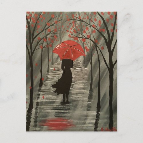 Red Umbrella Fall Autumn Rain Postcard