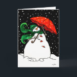 RED UMBRELLA HOLIDAY CARD<br><div class="desc">Red umprella in hand and a green scarf,  carrot nose and apples down the middle. Now that's a snowman!</div>