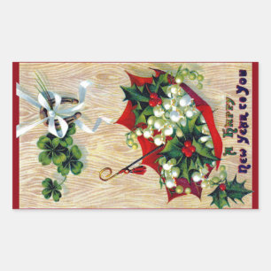 Red Umbrella, Holly and Shamrocks Vintage New Year Rectangular Sticker