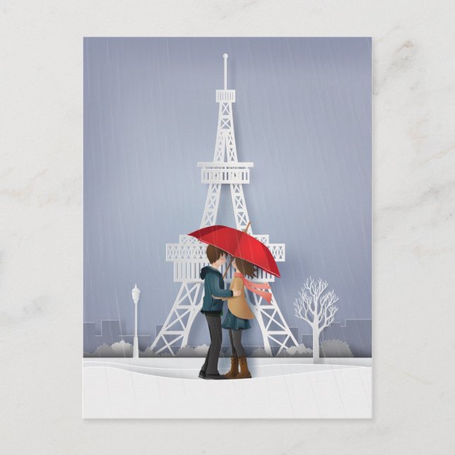 Red Umbrella In Paris Couple Postcard (Front)