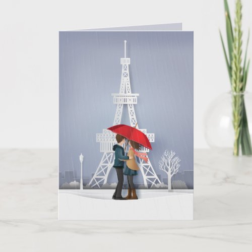 Red Umbrella In Paris Couple Valentines Holiday Card