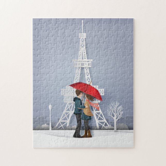 Red Umbrella In Paris Couple Valentines Jigsaw Puzzle (Vertical)