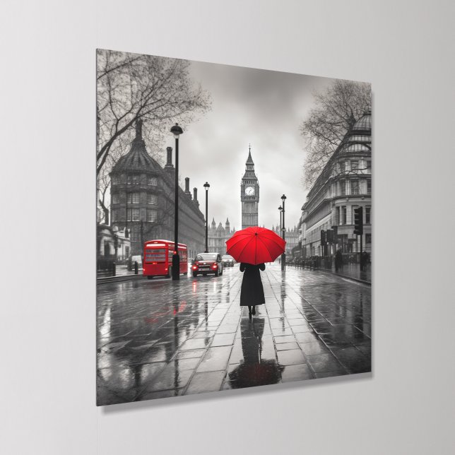 Red Umbrella in Rainy London" Iconic Cityscape Acr Acrylic Photo Tile (Angled)
