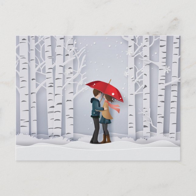 Red Umbrella In the Snow Couple Postcard (Front)