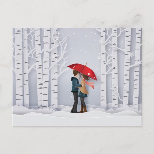 Red Umbrella In the Snow Couple Postcard