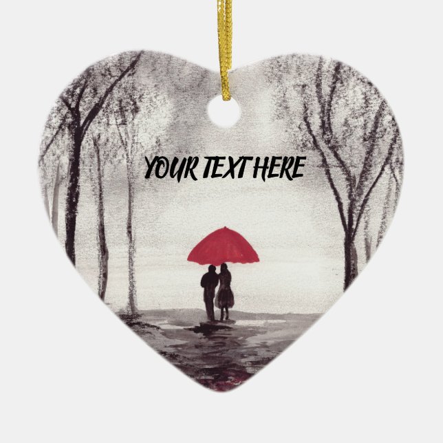 Red umbrella love couple ceramic ornament (Front)