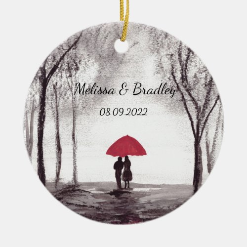 Red umbrella love couple Newlyweds Wedding  Ceramic Ornament