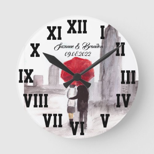 Red umbrella Love Couple Roman Numbers Wedding Rou Round Clock