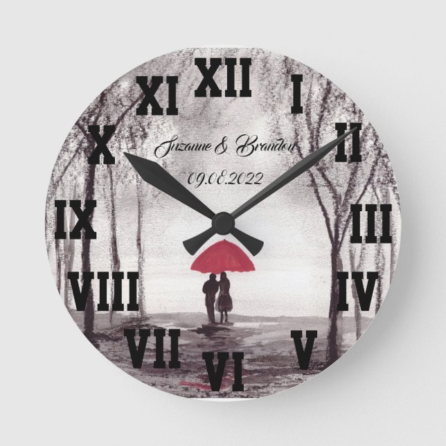 Red umbrella Love Couple Roman Numbers Wedding Round Clock (Front)