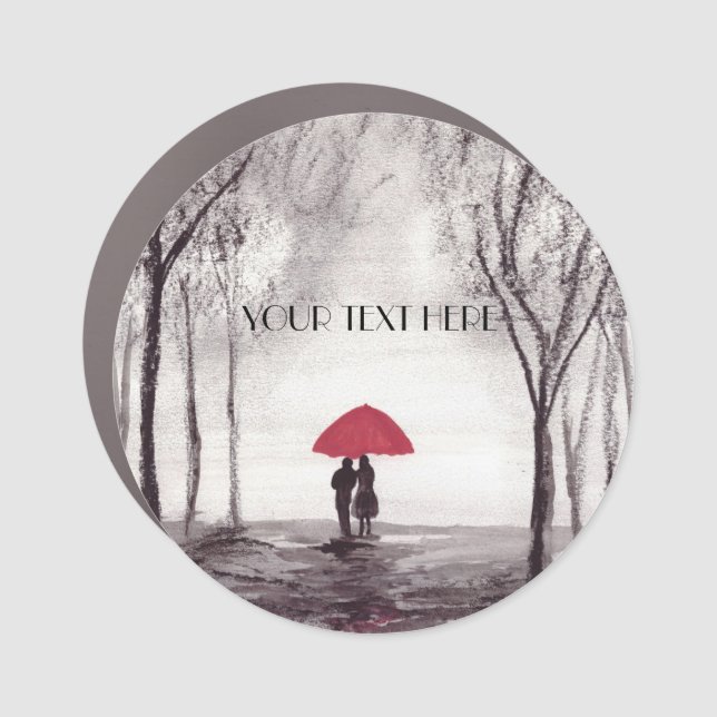Red umbrella love couple round clock car magnet (Front)