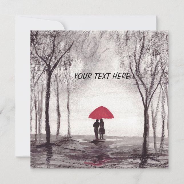 Red umbrella love couple round clock invitation (Front)