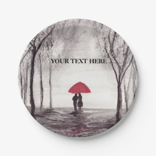 Red umbrella love couple round clock paper plates