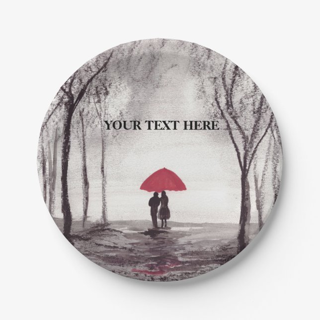 Red umbrella love couple round clock paper plates (Front)