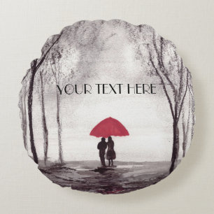 Red umbrella love couple round clock pillow