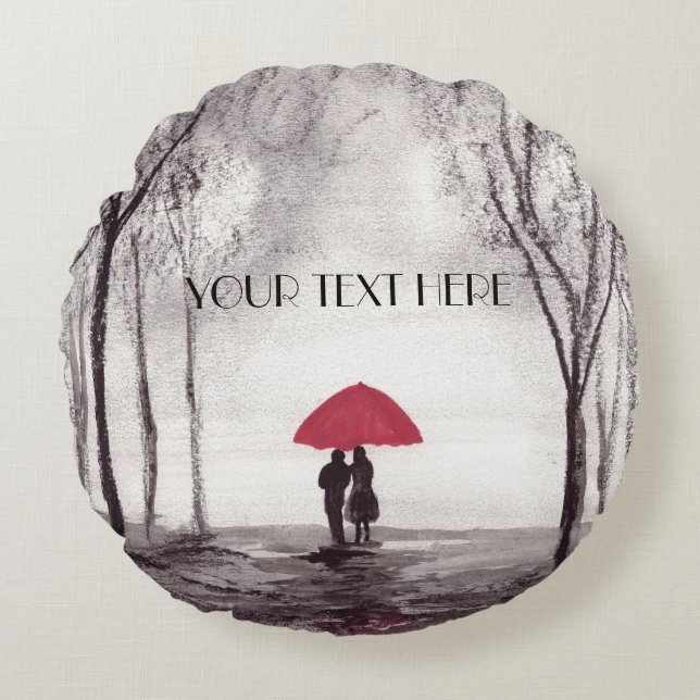 Red umbrella love couple round clock pillow (Front)