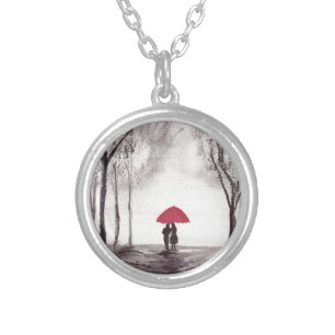 Red umbrella love couple silver plated necklace