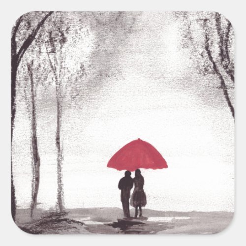 Red umbrella love couple square sticker