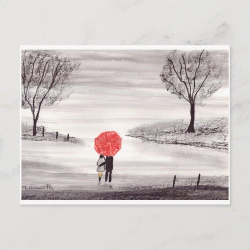 Red umbrella love couple watercolor wedding  postcard
