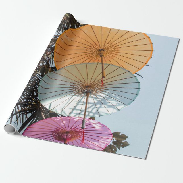 Red umbrella on green tree wrapping paper (Unrolled)