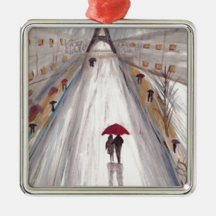 Red umbrella paris love couple metal ornament