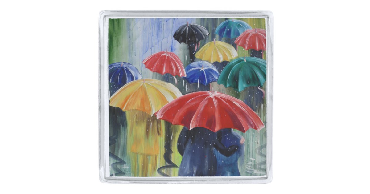 Red Umbrella Rainbow Umbrellas In Rain Painting Silver Finish Lapel