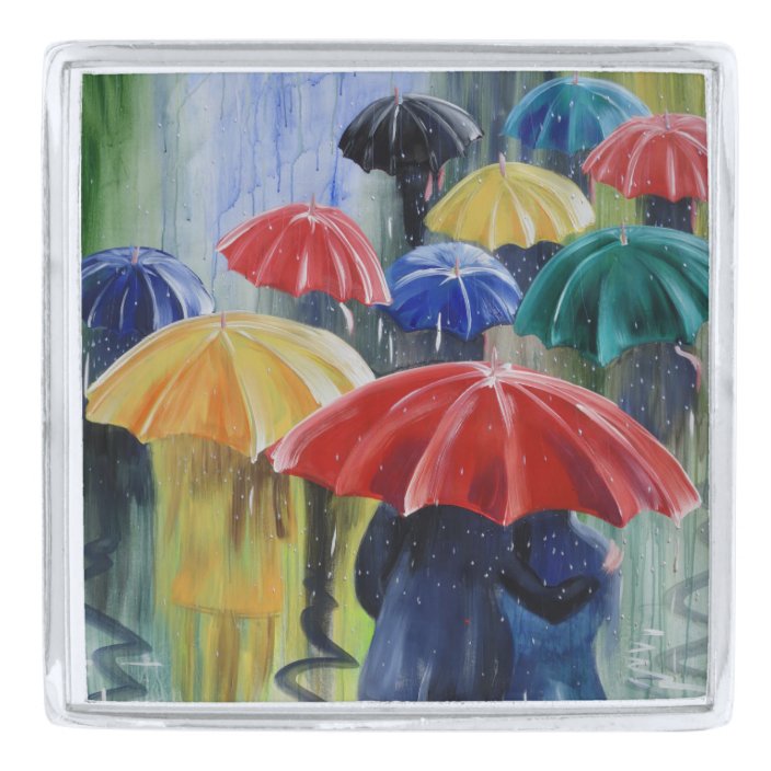 Red Umbrella Rainbow Umbrellas In Rain Painting Silver Finish Lapel