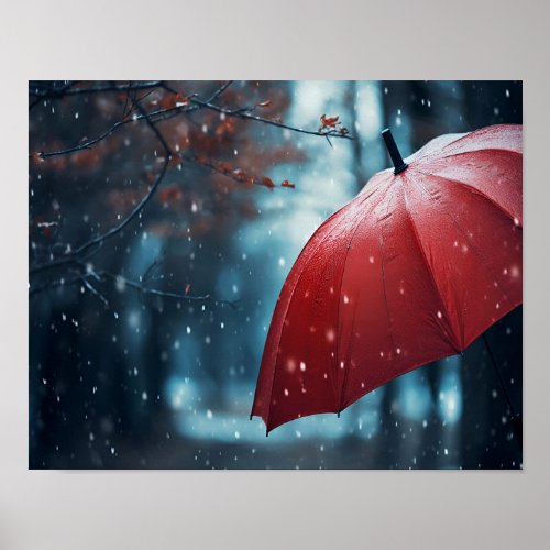 Red umbrella winter scene print