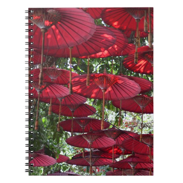 Red Umbrellas in the Sky - Asian Spiral Notebook (Front)