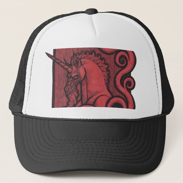Red Unicorn Black Trucker Hat Cap (Front)