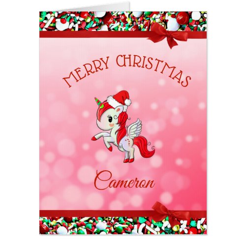 Red Unicorn Little Girls Merry Christmas Jumbo Card