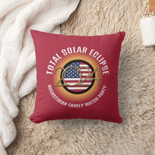 Red USA Patriotic 2024 TOTAL SOLAR ECLIPSE Family Throw Pillow