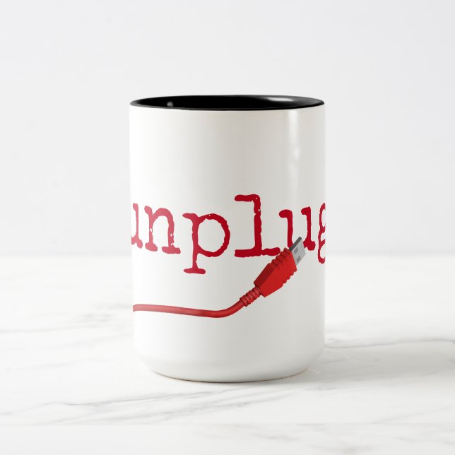 Red USB Cable with UNPLUG Text Two-Tone Coffee Mug (Center)