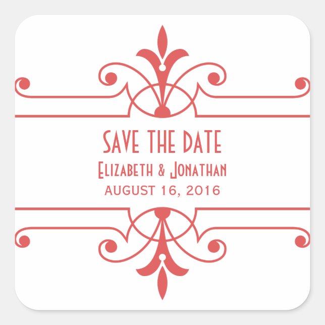 Red v2 Fancy Ornamental Save the Date Stickers (Front)