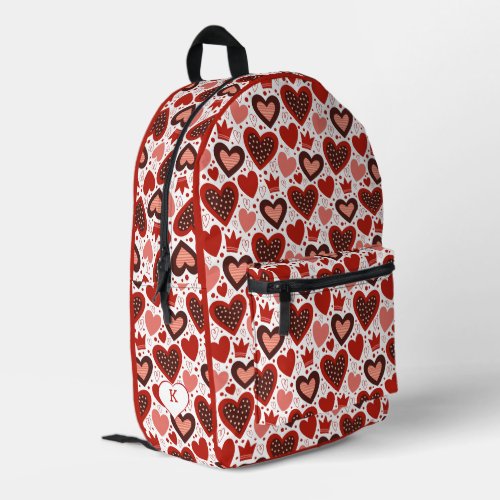 Red Valentine hearts and crowns pattern Printed Backpack