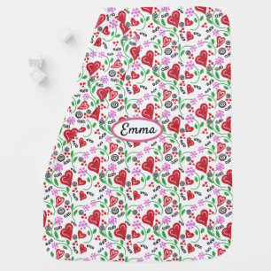 Red Valentine Hearts Pink Flowers Baby Blanket
